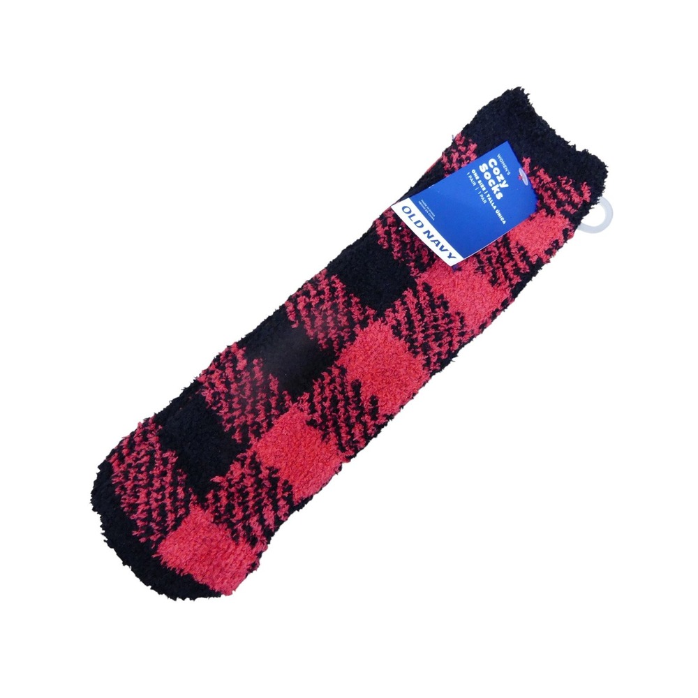 Old Navy Cozy Socks Women One Size Red Black NWT Buffalo Plaid Fuzzy Crew Socks